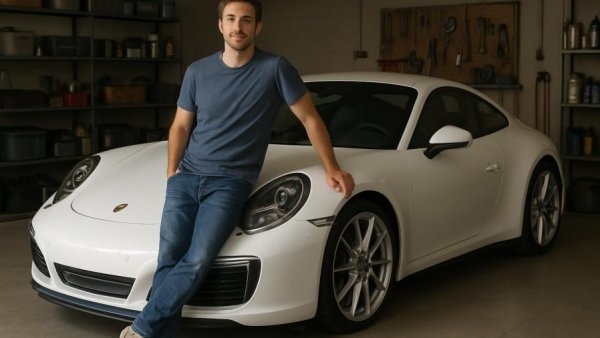 Man with Porsche 911 Carrera S in garage, relaxed pose.