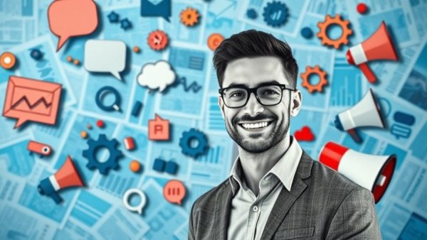 Dynamic visual of digital marketing with monochrome portrait for real estate social media marketing.