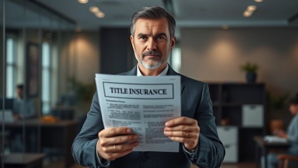 Title insurance document held by a businessman in an office setting.
