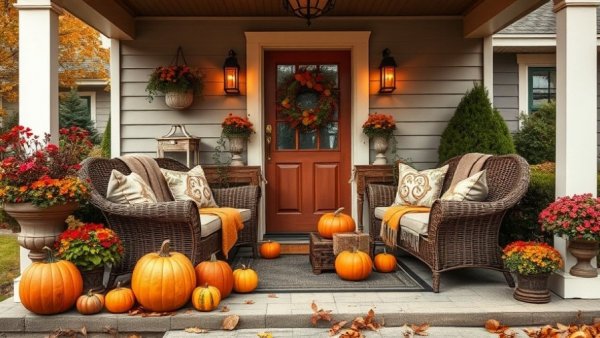 Inviting autumn-themed front porch for marketing new listings in real estate.