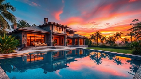 Luxury Real Estate Trends 2026: Modern stone villa with pool at sunset
