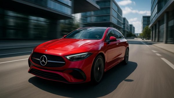Red Mercedes CLA electric vehicle driving in urban setting.