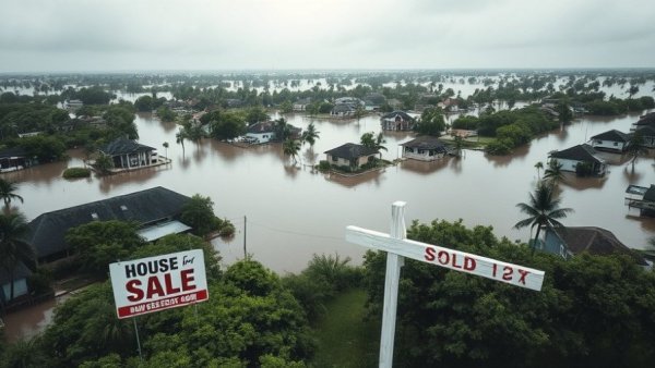 Aerial view of flooded town with 'House for Sale' sign, climate risk.