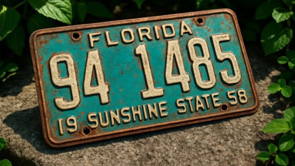 Florida license plate on concrete, showcasing eclectic collection.