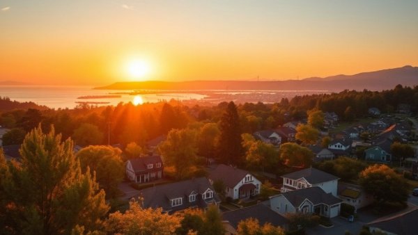 Golden sunset over suburban landscape reflecting real estate market strategies.