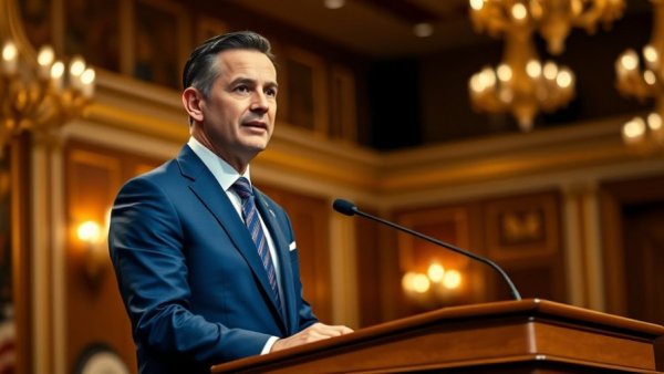 Speaker discussing consumer protection policies at conference podium.