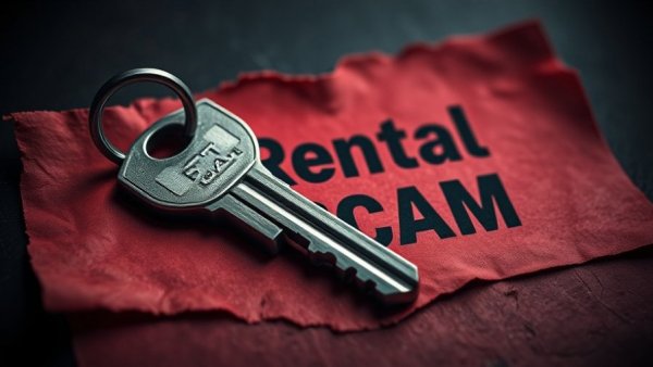 Key on torn paper exposing 'Rental Scam' text, highlighting rental scams protection.