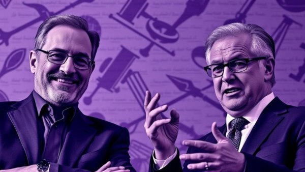 Contrasting executives in purple duotone, abstract legal setting.