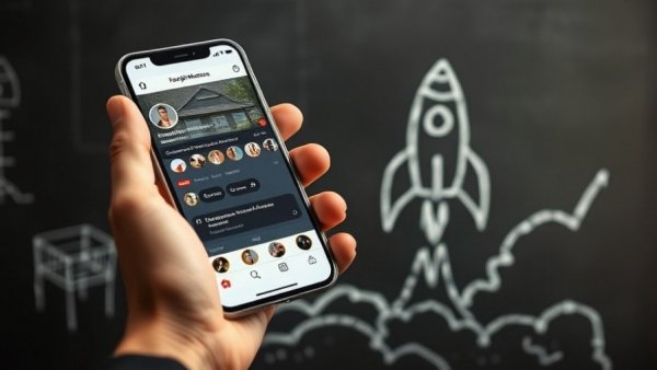 Hand holding smartphone with real estate profile, chalk rocket background.