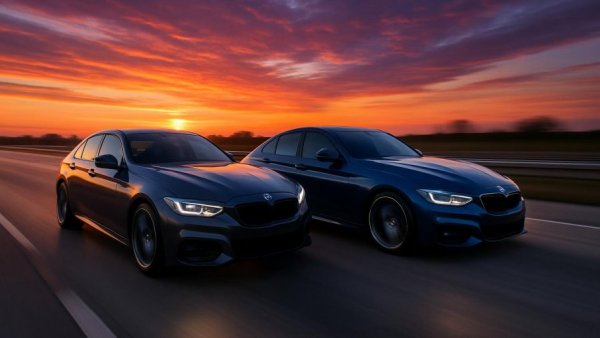 Performance sedans racing at sunset, performance sedan challenges in focus