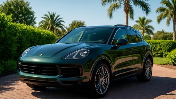 Last Manual Porsche Cayenne for Sale, parked in a scenic driveway, shining under the sun.