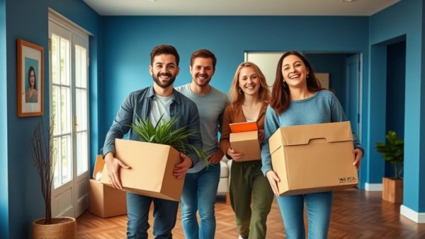 People happily carrying boxes and plants, illustrating how to pack for a move in a month.