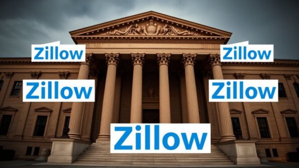 Courthouse with Zillow logos highlighting legal challenges.