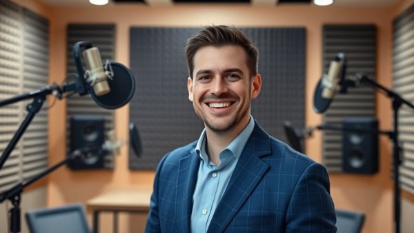Real estate podcasts setup with smiling man in a studio.