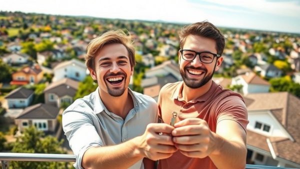 Optimistic homebuyers receiving keys with a vibrant suburb backdrop.