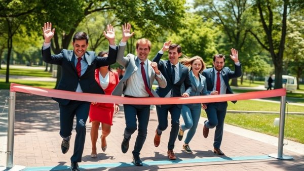 Dynamic team crossing finish line, agent recognition plan in real estate, sunny day.