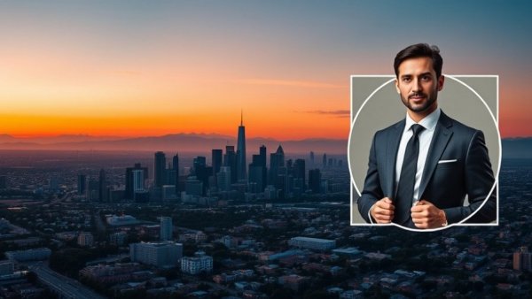 Los Angeles skyline and businessman, Andres Hoyos real estate leadership, sunset backdrop.