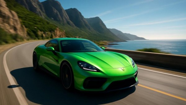 Sleek sports car amidst Europe's scenic road, reflecting 2035 gas car ban context.