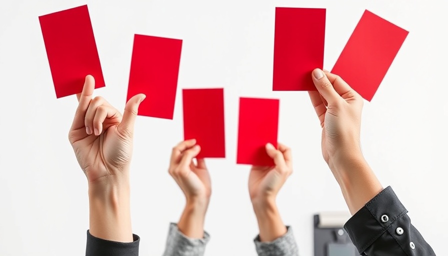 Red cards raised by hands symbolizing judgment, NAR membership antitrust lawsuit.