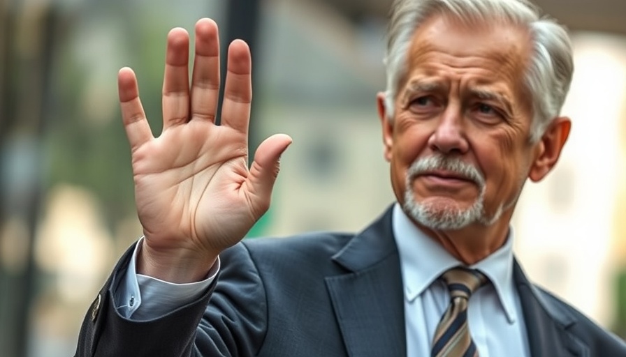 Man in suit raising hand in urban setting, representing Trump timber production orders