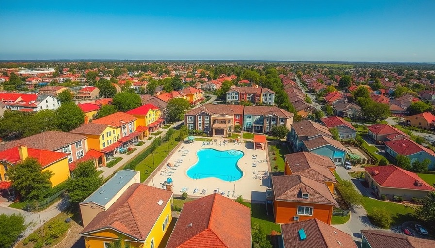 Aerial view of University of Missouri student housing community with pool.