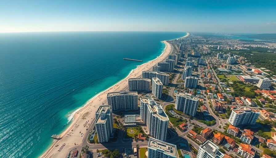 Aerial city view with condos near ocean illustrating 'how to sell a condo'.