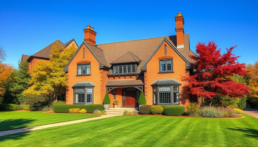 Charming Tudor-style house with lush lawn and trees.