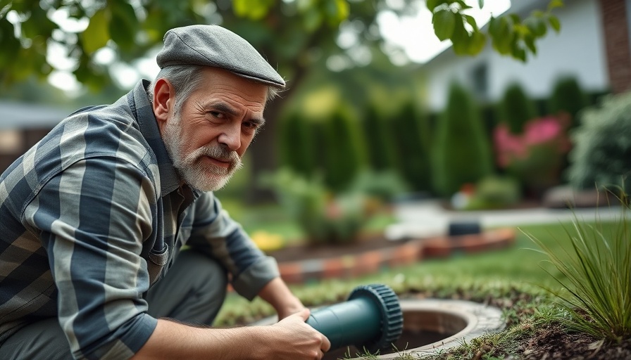 Homeowner cleaning sewer drain in a lush backyard.