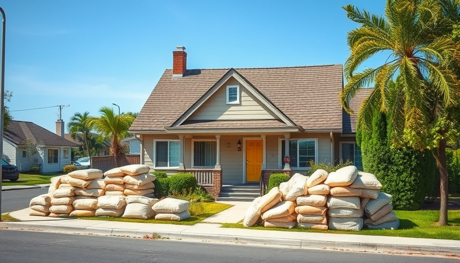 Suburban house with sandbags for flood preparation.