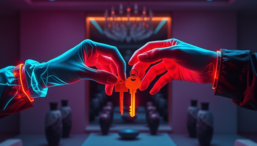 Surreal neon hands exchanging keys, futuristic real estate concept