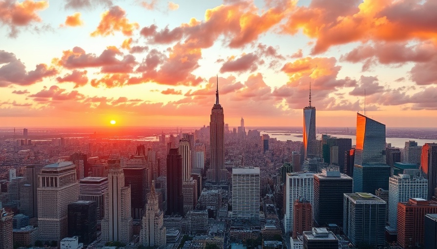 Colorful city skyline with skyscrapers at sunset, vibrant urban view