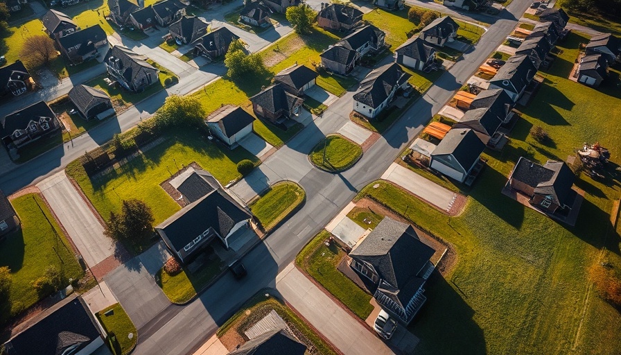 Aerial view of affordable houses in a suburban neighborhood.