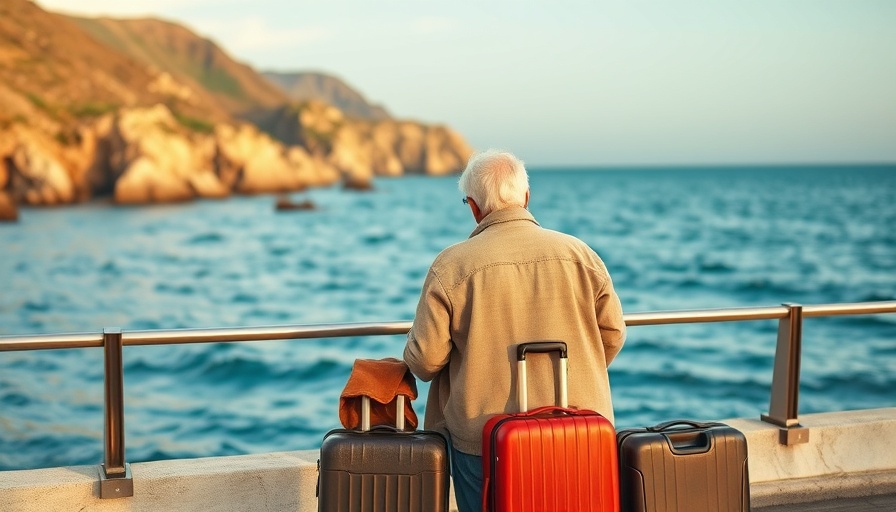 Couple overlooking ocean with suitcases on vacation.