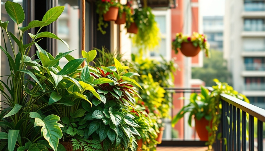 Lush balcony garden with potted plants and hanging basket.