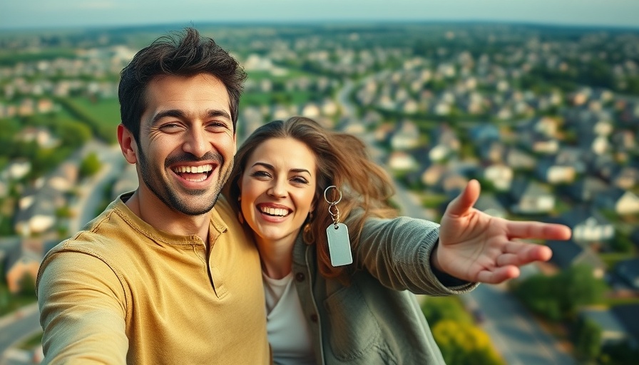 Optimistic home buying sentiment with couple receiving keys.