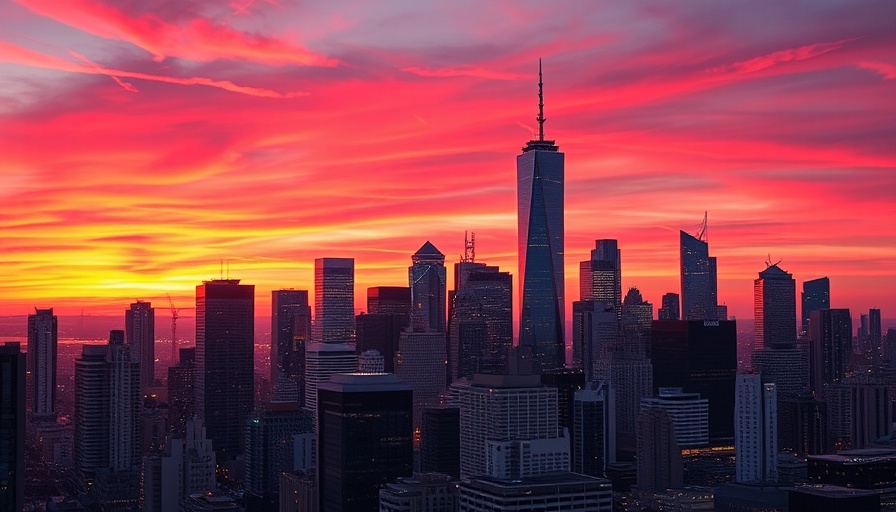 Skyline at sunset, vibrant cityscape related to Tomo Mortgage funding.