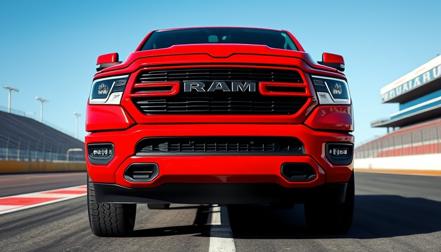 Bold red RAM truck parked on race track under blue sky, highlighting new truck warranty.
