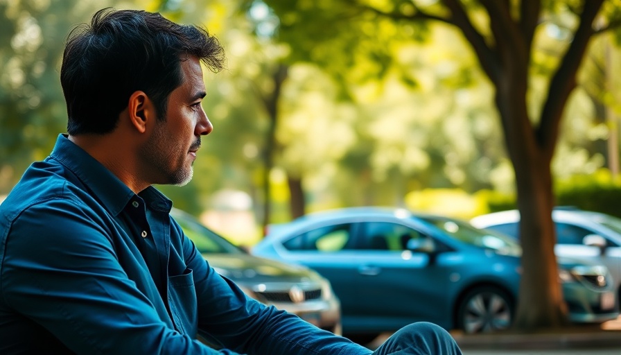 Contemplative man outdoors with cars in the background under natural light.