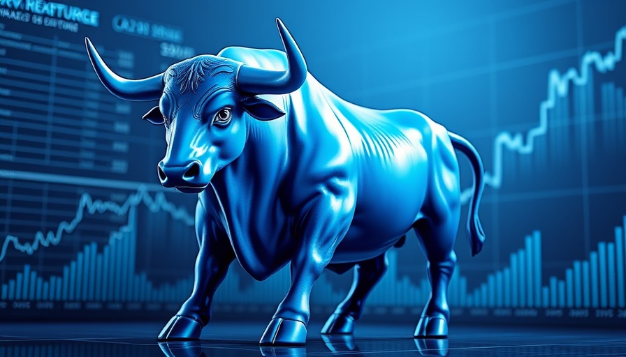Blue bull symbolizing stock surge with financial chart backdrop.