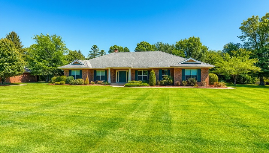 Suburban house for sale with green lawn under blue sky.