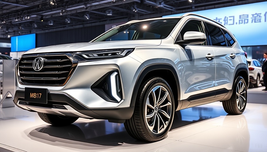 Dongfeng M817 SUV displayed at an indoor exhibition, highlighting its sleek design and angular contours.