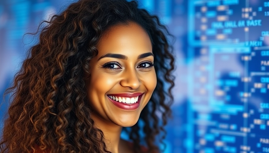 Smiling woman in digital blue background, recruiting smarter for brokerage growth.