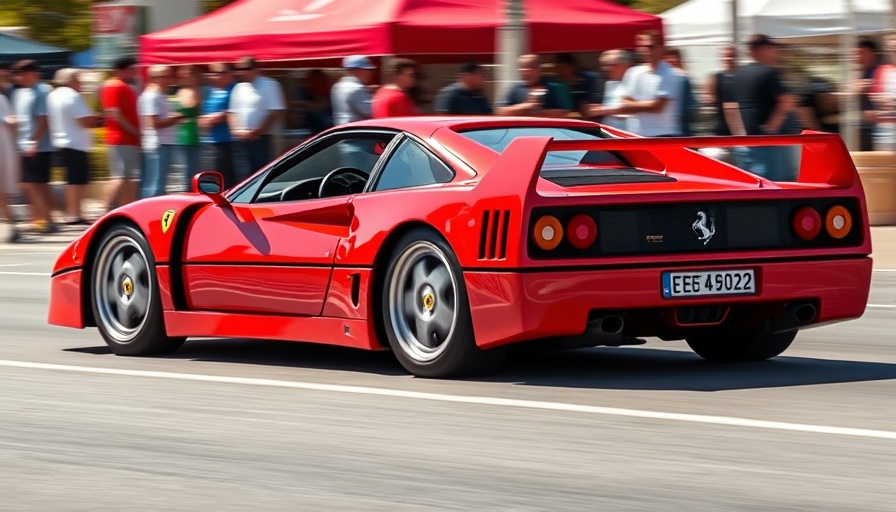 Red Ferrari F40 driving at a car show with spectators.