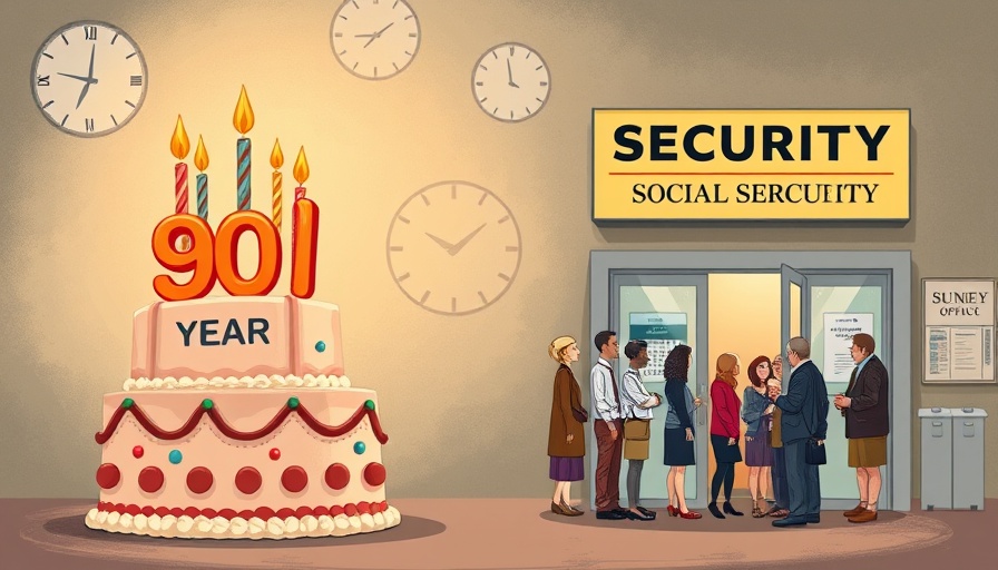 Social Security future depicted by a cake and queue at office.