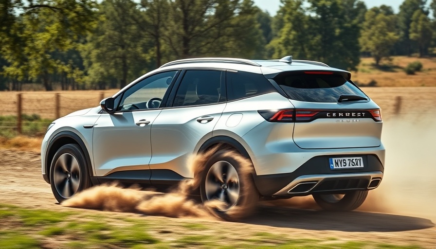 Lucid Motors funding crisis depicted with dynamic SUV kicking dust.