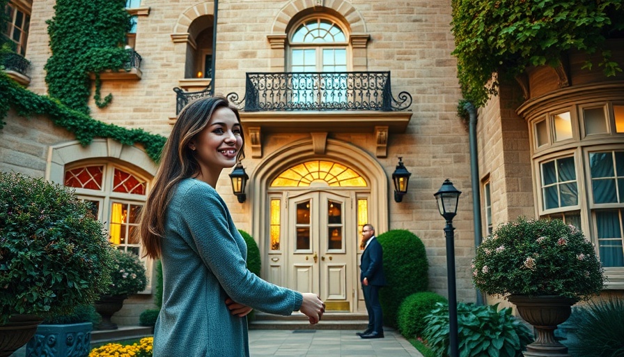 Smiling woman shaking hands outside a stone townhouse for a real estate deal.