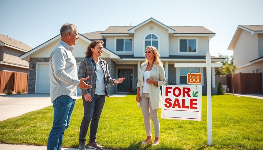 Friendly agent showing house to a couple in front of a modern home, Selling Your House for a Job Relocation.