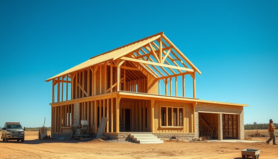 Partially constructed wooden house, new home sales decline illustration.
