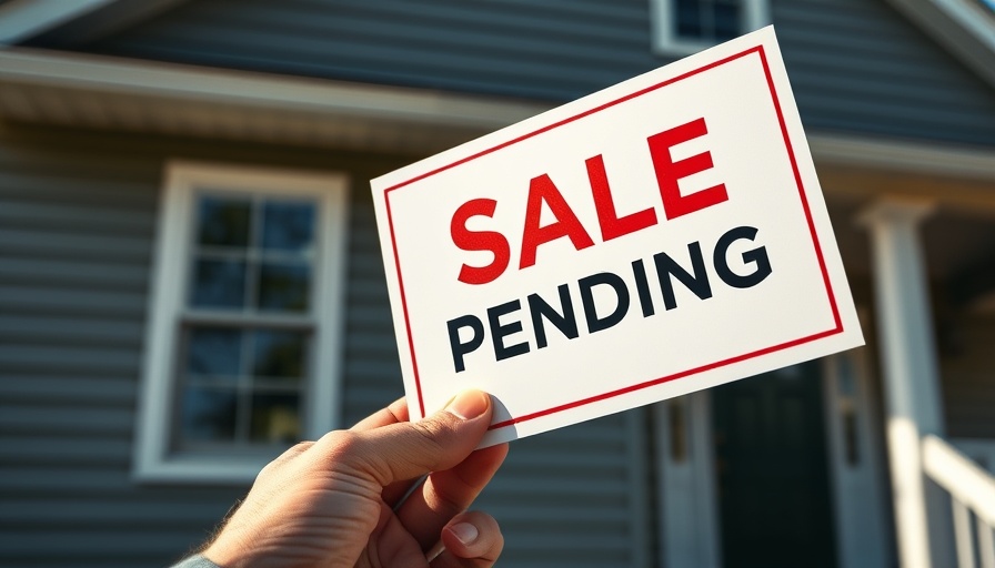 Sale pending sign held in front of a house with grey siding.