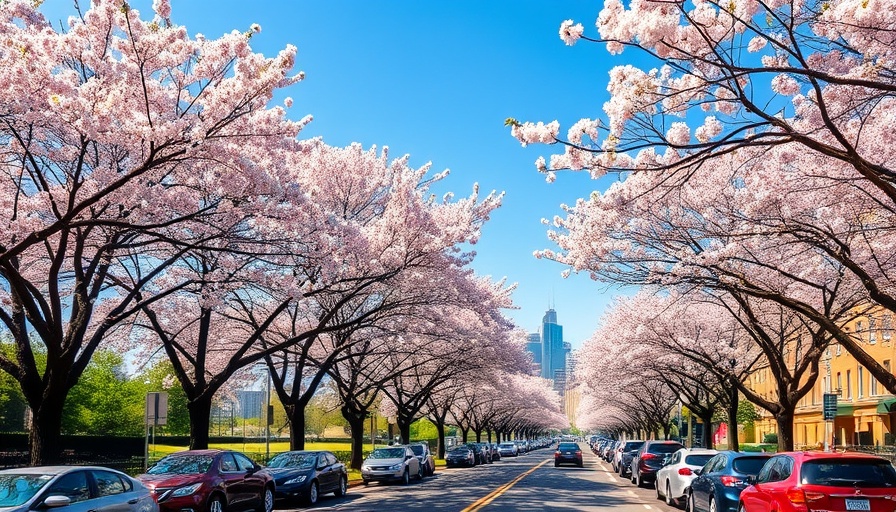 Newark street with cherry blossoms and parked cars.